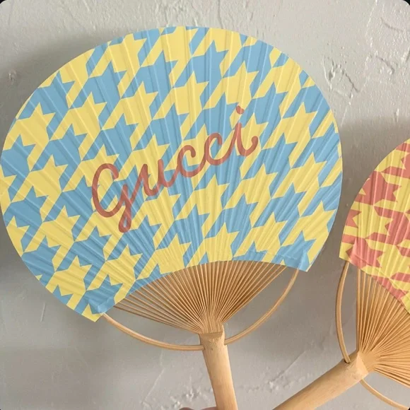 Gucci Houndstooth Patterned Bamboo Paper Fans Blue Yellow Peach Pink Summer Hues